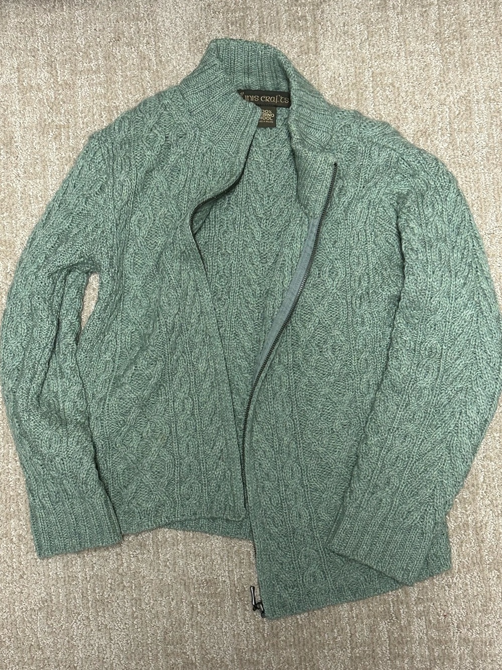 Irish Inis Crafts green wool cable knit full zip cardigan, M - Picture 5 of 11